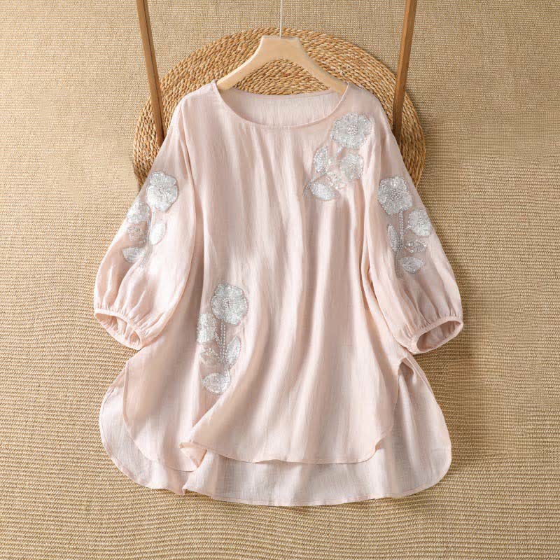 Buddha Stones Camiseta de manga larga para mujer, estilo casual de verano, elegante, con bordado floral blanco y cuello redondo. - Rosa Misty - US14, UK/AU18, EU46 (2XL) - image 0