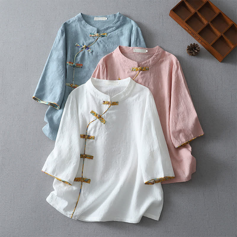 Buddha Stones Camisas de manga tres cuartos para mujer, estilo casual, con botones de rana, de color liso, estilo Tang, ideales para el verano. - image 16