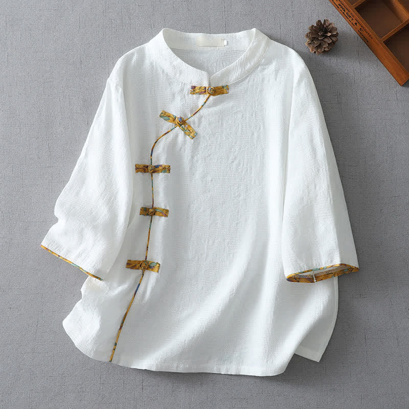 Buddha Stones Camisas de manga tres cuartos para mujer, estilo casual, con botones de rana, de color liso, estilo Tang, ideales para el verano. - Blanco - US8-10, UK/AU12-14, EU40-42 (2XL) - image 8