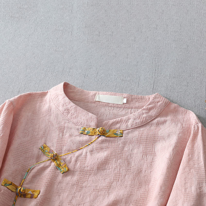 Buddha Stones Camisas de manga tres cuartos para mujer, estilo casual, con botones de rana, de color liso, estilo Tang, ideales para el verano. - image 1