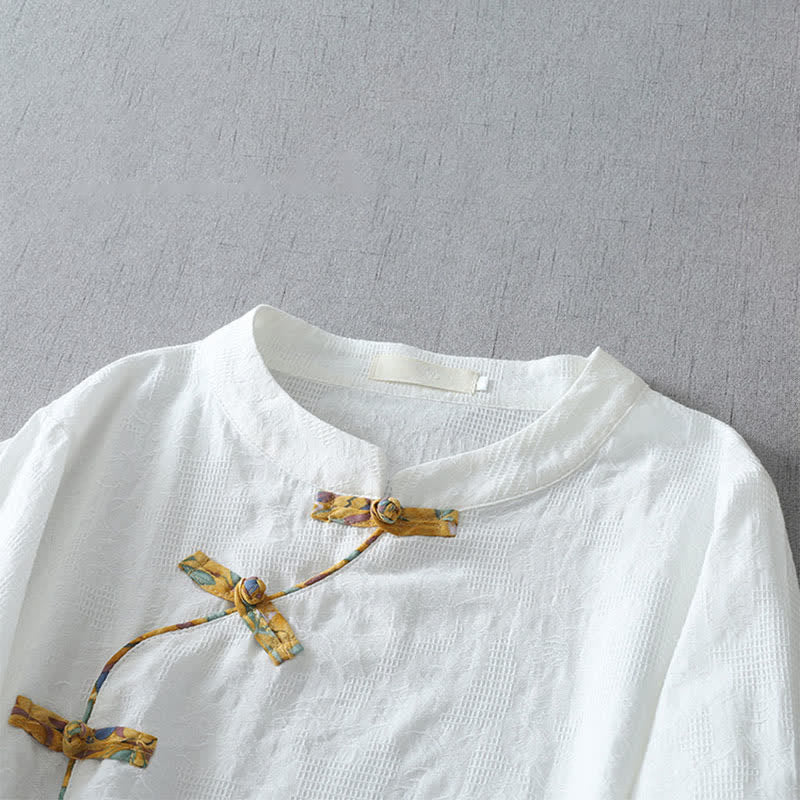 Buddha Stones Camisas de manga tres cuartos para mujer, estilo casual, con botones de rana, de color liso, estilo Tang, ideales para el verano. - image 10