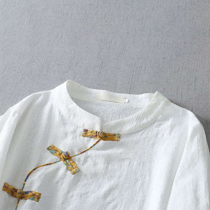 Buddha Stones Camisas de manga tres cuartos para mujer, estilo casual, con botones de rana, de color liso, estilo Tang, ideales para el verano. - image 10