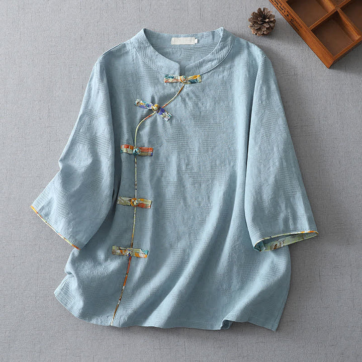 Buddha Stones Camisas de manga tres cuartos para mujer, estilo casual, con botones de rana, de color liso, estilo Tang, ideales para el verano. - Azul claro - US8-10, UK/AU12-14, EU40-42 (2XL) - image 4
