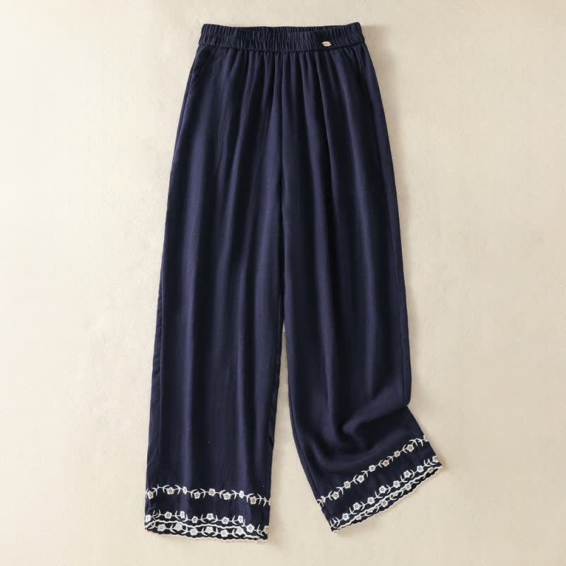Buddha Stones Pantalones cortos casuales de verano con bordado floral estilo vintage para mujer, de pierna recta y con bolsillo. - Marina de guerra - US8-10, UK/AU12-14, EU40-42 (2XL) - image 1