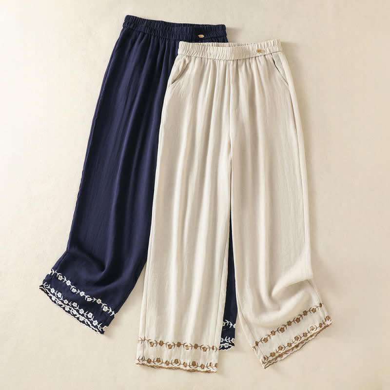 Buddha Stones Pantalones cortos casuales de verano con bordado floral estilo vintage para mujer, de pierna recta y con bolsillo. - image 0