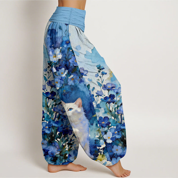 Buddha Stones Pantalones harem de algodón puro con estampado floral de gato blanco para mujer con cintura elástica. - image 2