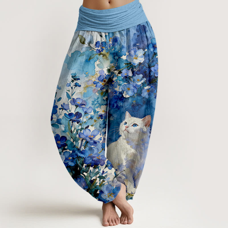 Buddha Stones Pantalones harem de algodón puro con estampado floral de gato blanco para mujer con cintura elástica. - Azul cielo claro - US16，UK/AU20，EU48 (3XL) - image 0