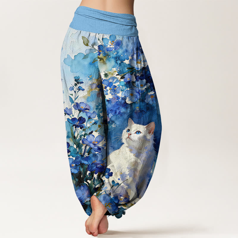Buddha Stones Pantalones harem de algodón puro con estampado floral de gato blanco para mujer con cintura elástica. - image 1
