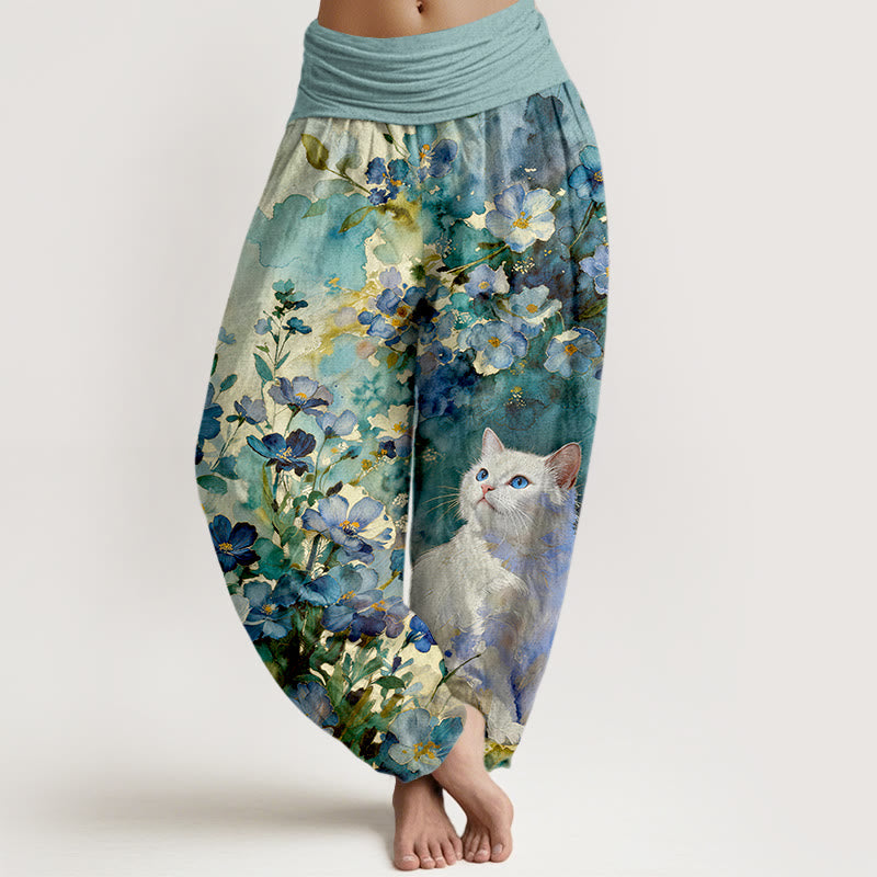 Buddha Stones Pantalones harem de algodón puro con estampado floral de gato blanco para mujer con cintura elástica. - Verde azulado - US16，UK/AU20，EU48 (3XL) - image 5