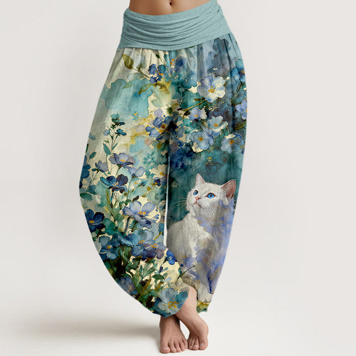 Buddha Stones Pantalones harem de algodón puro con estampado floral de gato blanco para mujer con cintura elástica. - Verde azulado - US16，UK/AU20，EU48 (3XL) - image 5