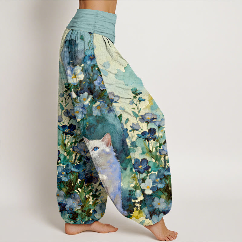 Buddha Stones Pantalones harem de algodón puro con estampado floral de gato blanco para mujer con cintura elástica. - image 7