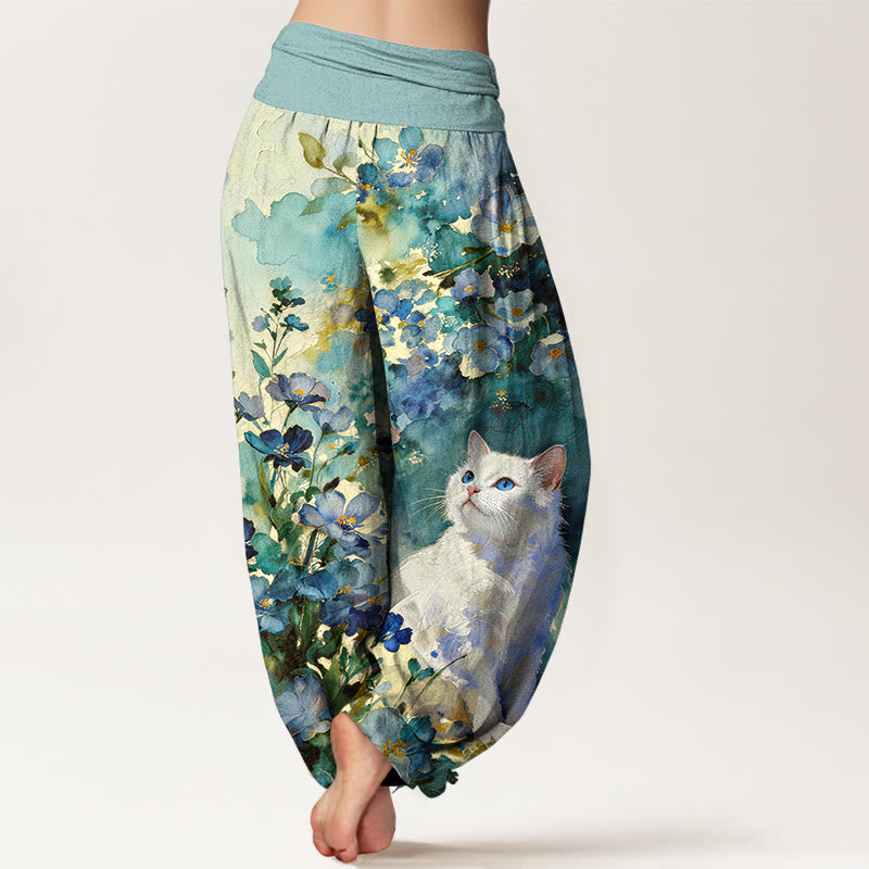 Buddha Stones Pantalones harem de algodón puro con estampado floral de gato blanco para mujer con cintura elástica. - image 6