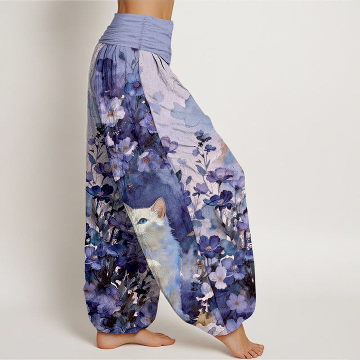 Buddha Stones Pantalones harem de algodón puro con estampado floral de gato blanco para mujer con cintura elástica. - image 10