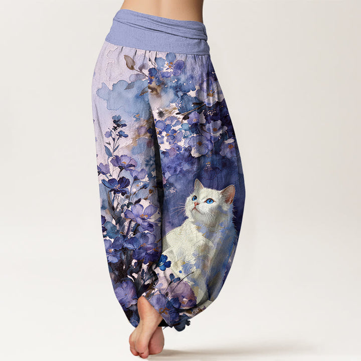 Buddha Stones Pantalones harem de algodón puro con estampado floral de gato blanco para mujer con cintura elástica. - image 9