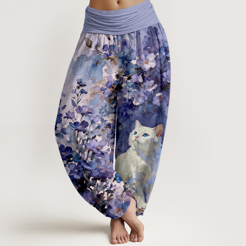 Buddha Stones Pantalones harem de algodón puro con estampado floral de gato blanco para mujer con cintura elástica. - Morado medio - US16，UK/AU20，EU48 (3XL) - image 8