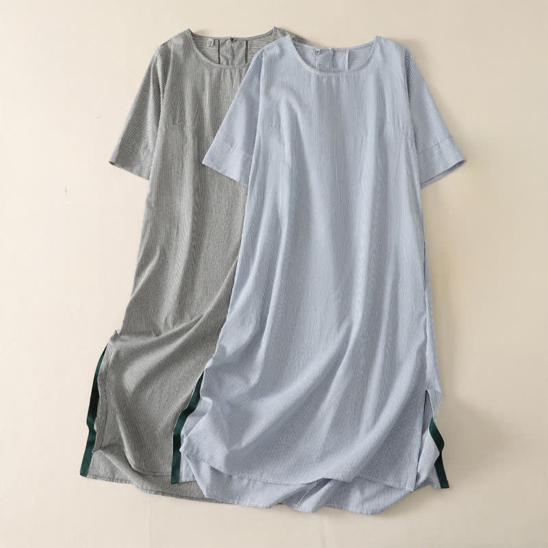 Buddha Stones Vestido de verano informal sencillo de manga corta a rayas con abertura lateral y bolsillo para mujer. - image 14