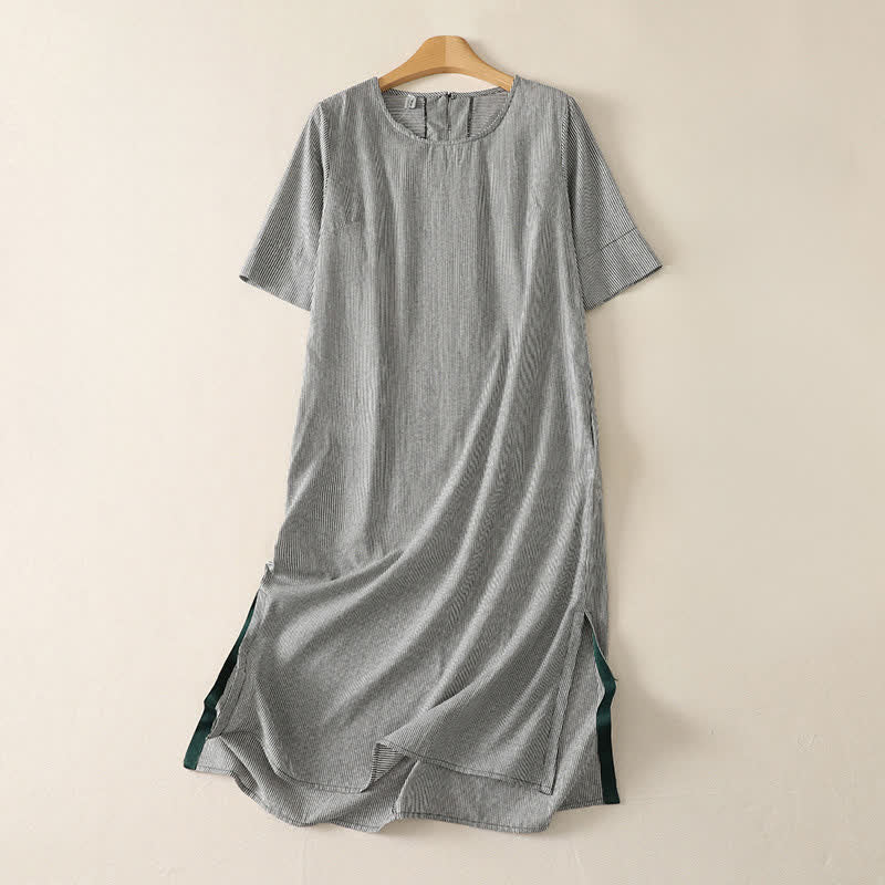 Buddha Stones Vestido de verano informal sencillo de manga corta a rayas con abertura lateral y bolsillo para mujer. - Negro - US14, UK/AU18, EU46 (2XL) - image 9