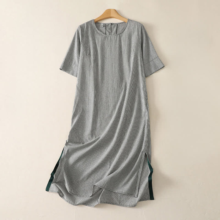 Buddha Stones Vestido de verano informal sencillo de manga corta a rayas con abertura lateral y bolsillo para mujer. - Negro - US14, UK/AU18, EU46 (2XL) - image 9