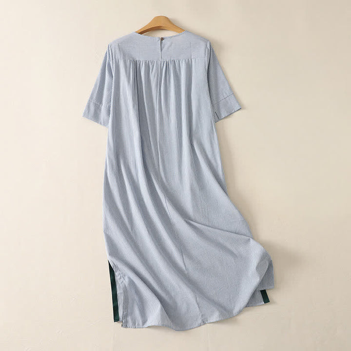 Buddha Stones Vestido de verano informal sencillo de manga corta a rayas con abertura lateral y bolsillo para mujer. - image 1
