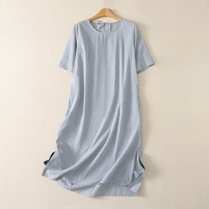 Buddha Stones Vestido de verano informal sencillo de manga corta a rayas con abertura lateral y bolsillo para mujer. - Azul claro - US14, UK/AU18, EU46 (2XL) - image 0