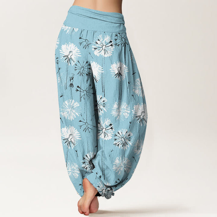 Buddha Stones Pantalones harem de mujer con cintura elástica y estampado de diente de león, de algodón puro. - image 1