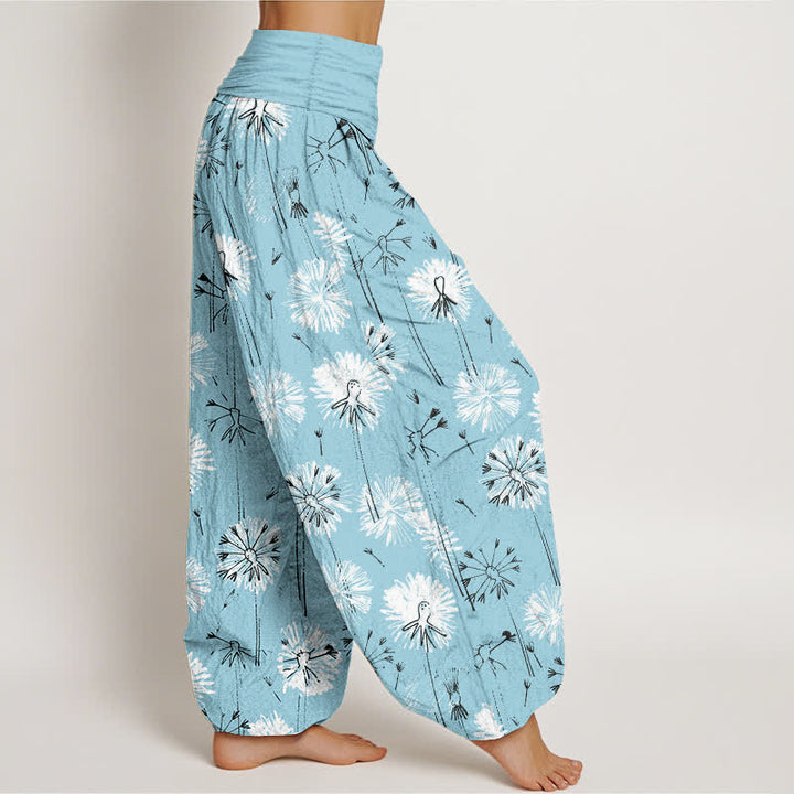 Buddha Stones Pantalones harem de mujer con cintura elástica y estampado de diente de león, de algodón puro. - image 2
