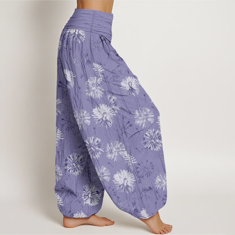 Buddha Stones Pantalones harem de mujer con cintura elástica y estampado de diente de león, de algodón puro. - image 7