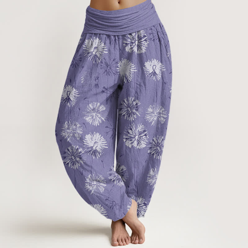 Buddha Stones Pantalones harem de mujer con cintura elástica y estampado de diente de león, de algodón puro. - Morado medio - US16，UK/AU20，EU48 (3XL) - image 5