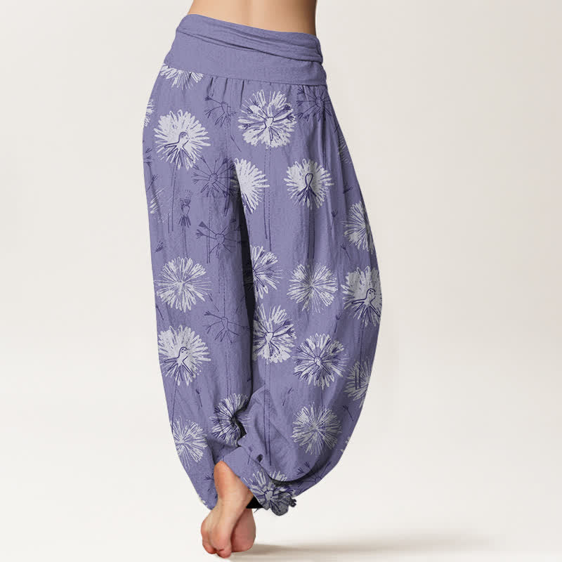 Buddha Stones Pantalones harem de mujer con cintura elástica y estampado de diente de león, de algodón puro. - image 6
