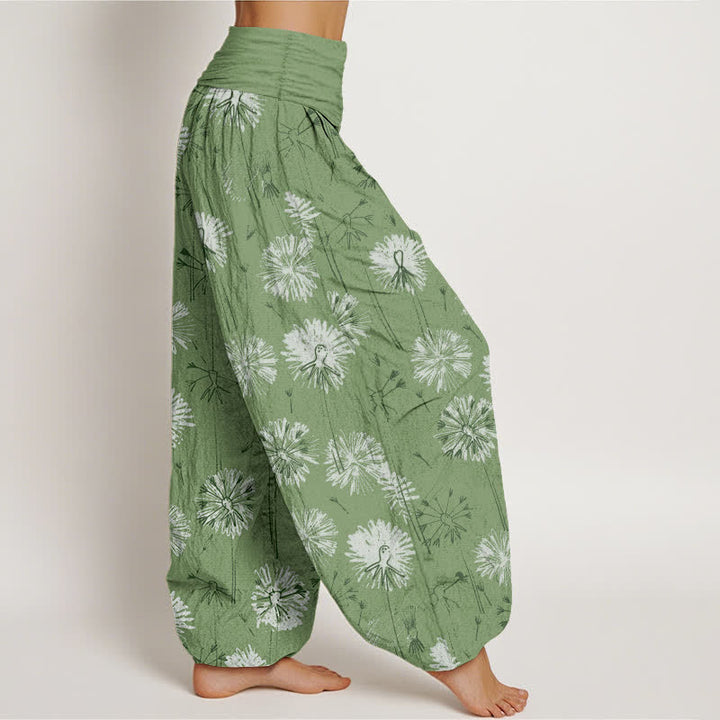 Buddha Stones Pantalones harem de mujer con cintura elástica y estampado de diente de león, de algodón puro. - image 10