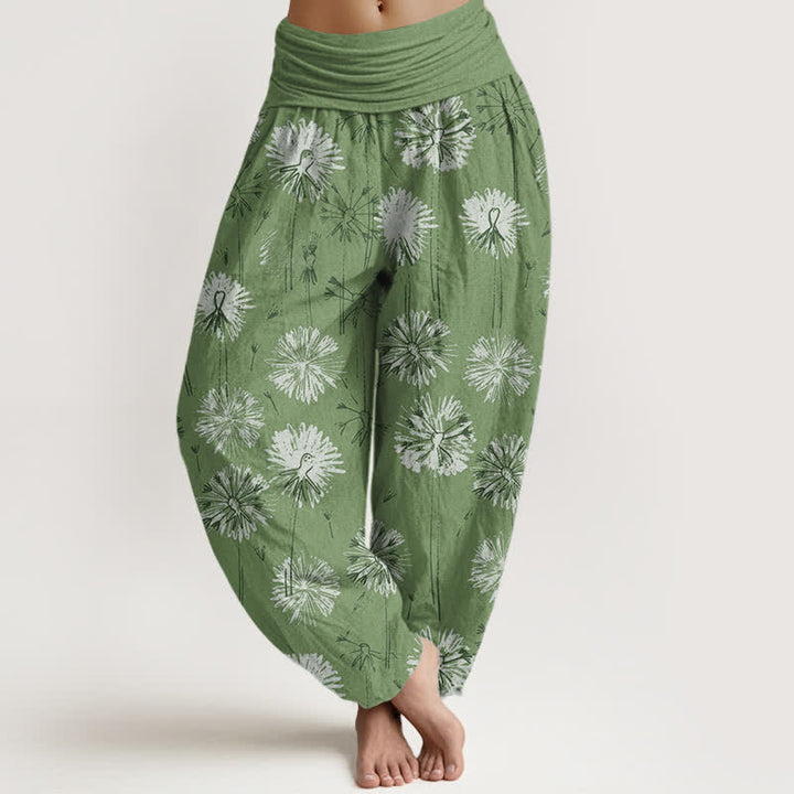 Buddha Stones Pantalones harem de mujer con cintura elástica y estampado de diente de león, de algodón puro. - Verde oliva - US16，UK/AU20，EU48 (3XL) - image 8