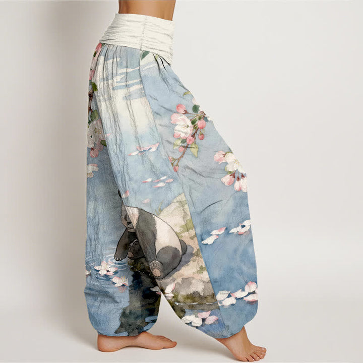 Buddha Stones Pantalones harem de mujer con cintura elástica y estampado de panda y flores de cerezo, de algodón puro. - image 2