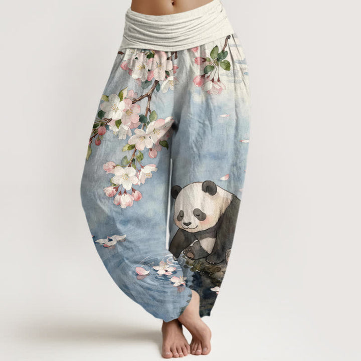 Buddha Stones Pantalones harem de mujer con cintura elástica y estampado de panda y flores de cerezo, de algodón puro. - Azul acero claro - US16，UK/AU20，EU48 (3XL) - image 0