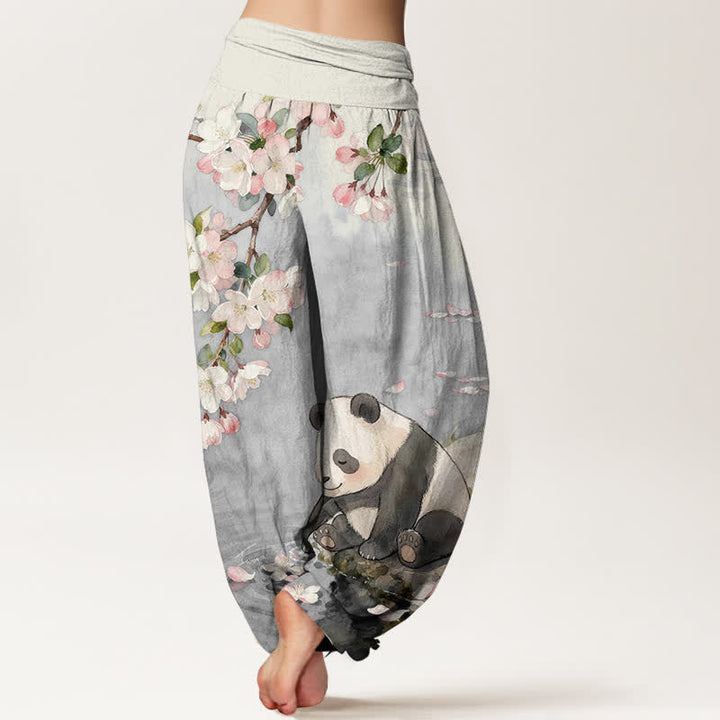 Buddha Stones Pantalones harem de mujer con cintura elástica y estampado de panda y flores de cerezo, de algodón puro. - image 6