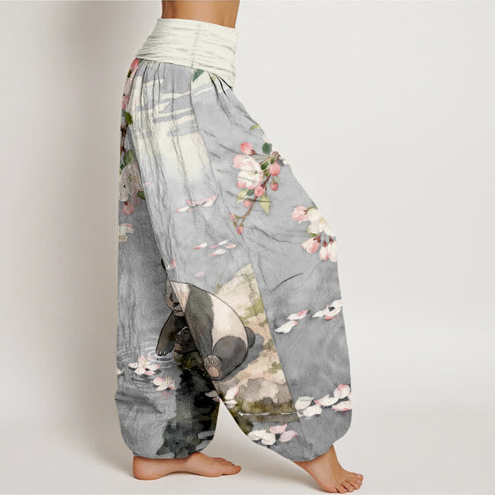 Buddha Stones Pantalones harem de mujer con cintura elástica y estampado de panda y flores de cerezo, de algodón puro. - image 7