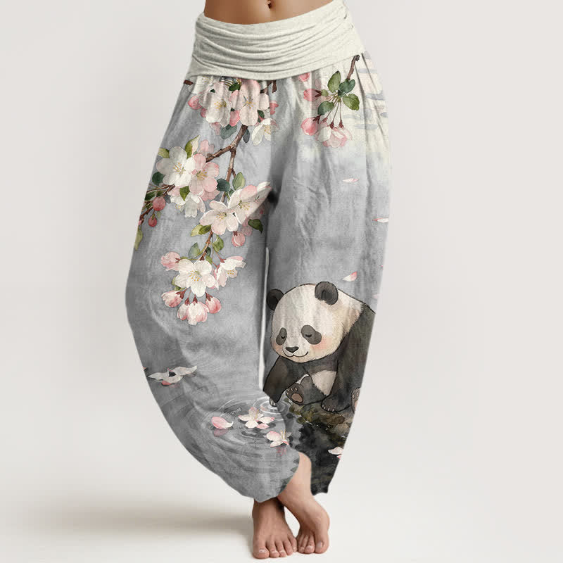 Buddha Stones Pantalones harem de mujer con cintura elástica y estampado de panda y flores de cerezo, de algodón puro. - Gris claro - US16，UK/AU20，EU48 (3XL) - image 5