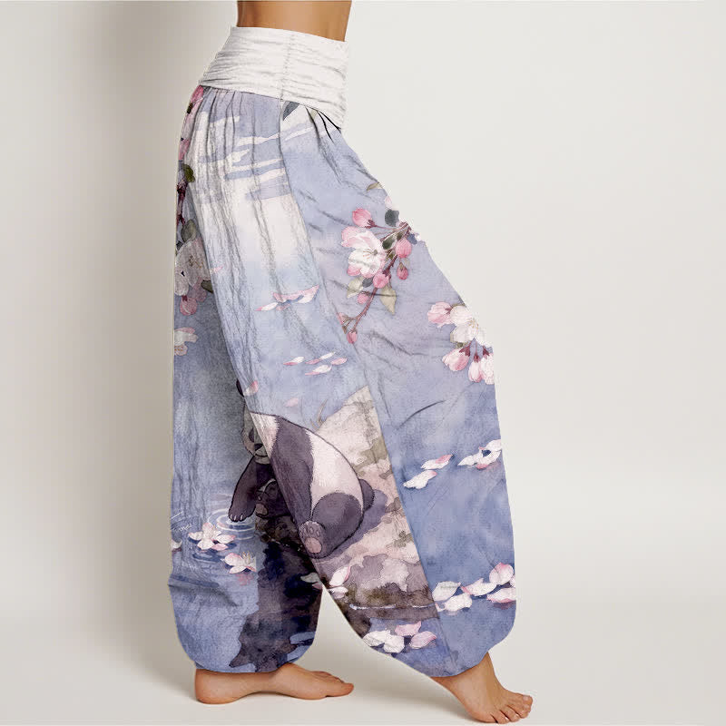 Buddha Stones Pantalones harem de mujer con cintura elástica y estampado de panda y flores de cerezo, de algodón puro. - image 10