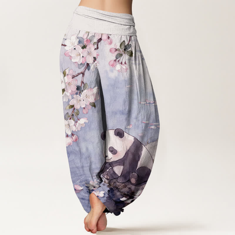 Buddha Stones Pantalones harem de mujer con cintura elástica y estampado de panda y flores de cerezo, de algodón puro. - image 9