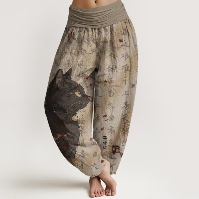 Buddha Stones Pantalones harem de mujer con cintura elástica y estampado de caligrafía de gato negro, de algodón puro. - Broncearse - US16，UK/AU20，EU48 (3XL) - image 0