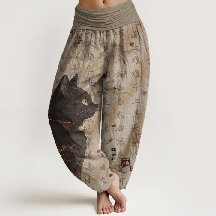 Buddha Stones Pantalones harem de mujer con cintura elástica y estampado de caligrafía de gato negro, de algodón puro. - Broncearse - US16，UK/AU20，EU48 (3XL) - image 0