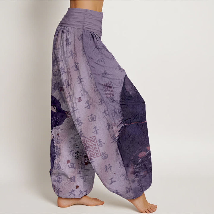 Buddha Stones Pantalones harem de mujer con cintura elástica y estampado de caligrafía de gato negro, de algodón puro. - image 7