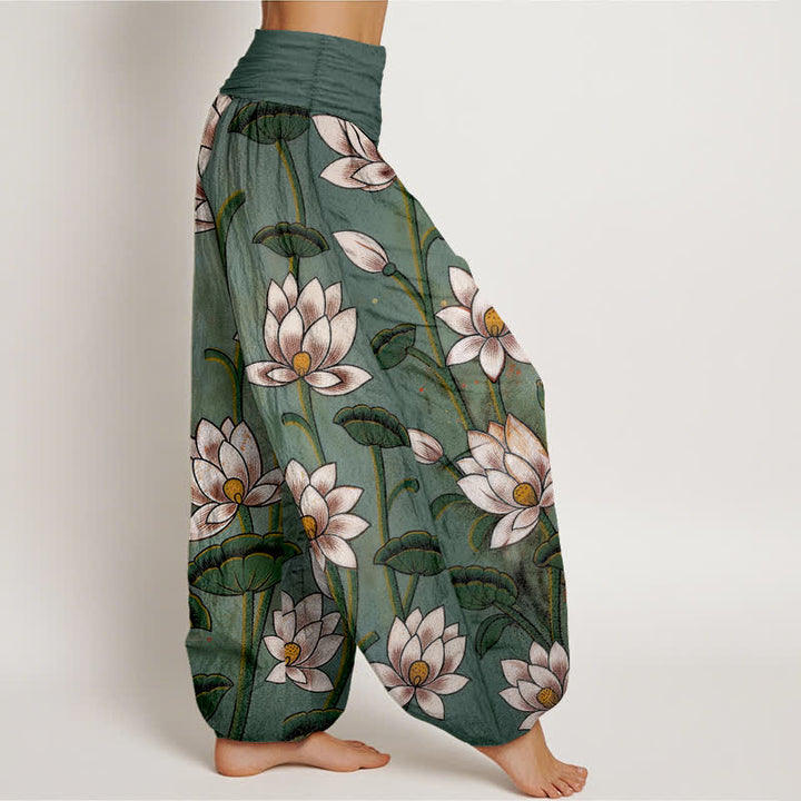 Buddha Stones Pantalones harem de mujer con cintura elástica y estampado de flor de loto, de algodón puro. - image 1