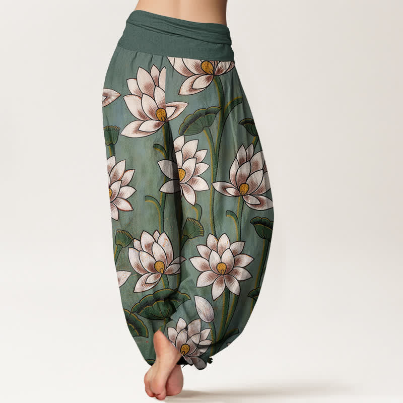 Buddha Stones Pantalones harem de mujer con cintura elástica y estampado de flor de loto, de algodón puro. - image 2