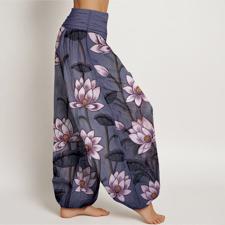 Buddha Stones Pantalones harem de mujer con cintura elástica y estampado de flor de loto, de algodón puro. - image 9