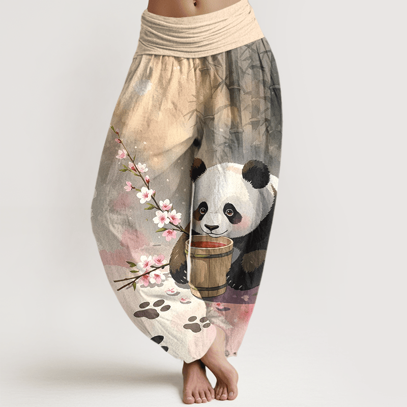 Buddha Stones Pantalones harem de algodón puro con estampado de panda y flores de bambú para mujer con cintura elástica. - Trigo - US16，UK/AU20，EU48 (3XL) - image 0
