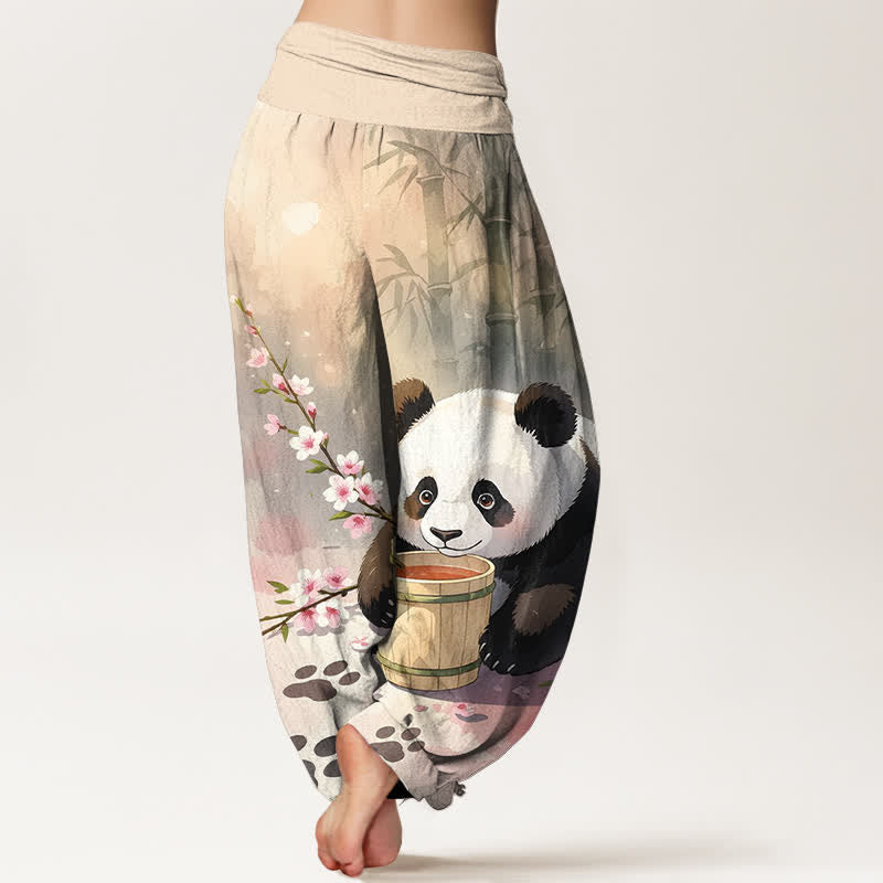 Buddha Stones Pantalones harem de algodón puro con estampado de panda y flores de bambú para mujer con cintura elástica. - image 1
