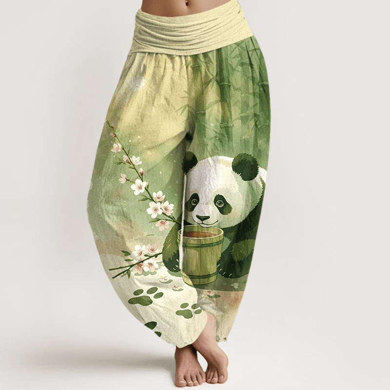Buddha Stones Pantalones harem de algodón puro con estampado de panda y flores de bambú para mujer con cintura elástica. - Verde amarillento - US16，UK/AU20，EU48 (3XL) - image 5