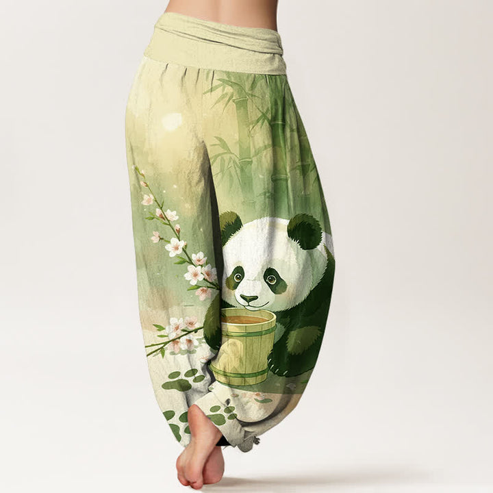 Buddha Stones Pantalones harem de algodón puro con estampado de panda y flores de bambú para mujer con cintura elástica. - image 6