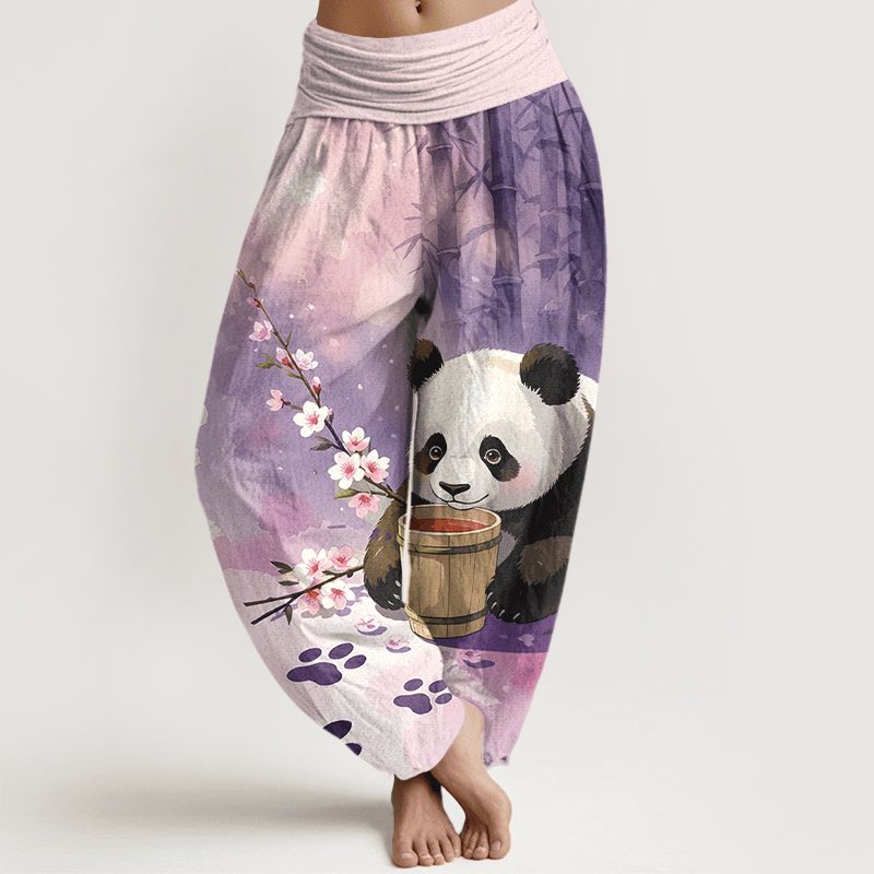 Buddha Stones Pantalones harem de algodón puro con estampado de panda y flores de bambú para mujer con cintura elástica. - Ciruela - US16，UK/AU20，EU48 (3XL) - image 8