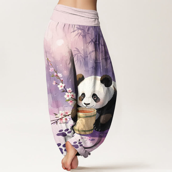 Buddha Stones Pantalones harem de algodón puro con estampado de panda y flores de bambú para mujer con cintura elástica. - image 9